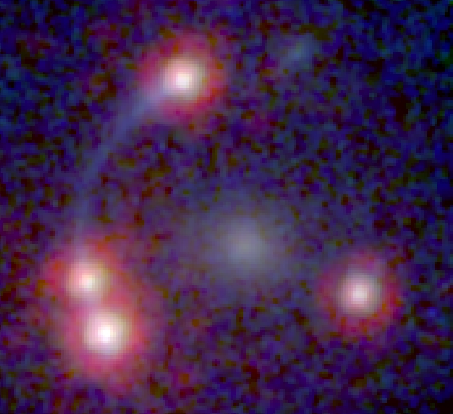 The image is made from HST data and shows the four lensed images of the dusty red quasar, connected by a gravitational arc of the quasar host galaxy. The lensing galaxy is seen in the center, between the four lensed images. (Courtesy John McKean/HST Archive data. Click to embiggen.)