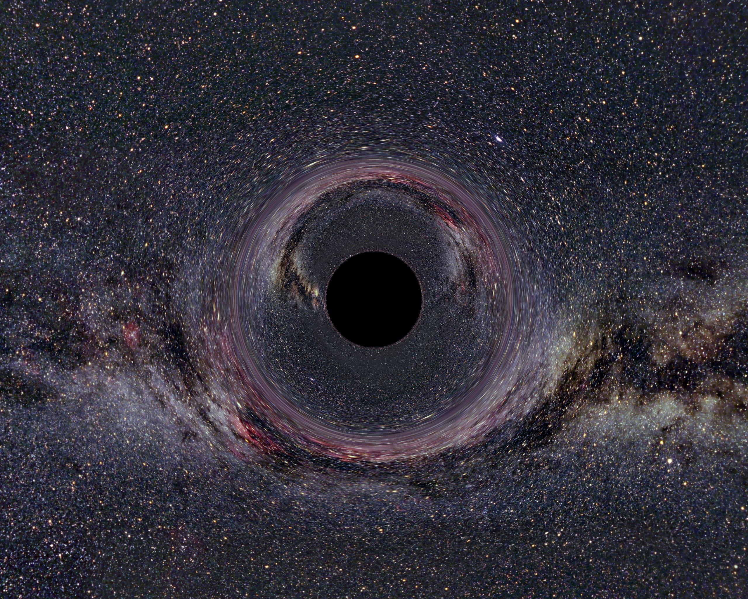 A simulated view of a 10-solar-mass black hole 600 miles (900 km) away from the observer -- and against the plane of the Milky Way Galaxy. 